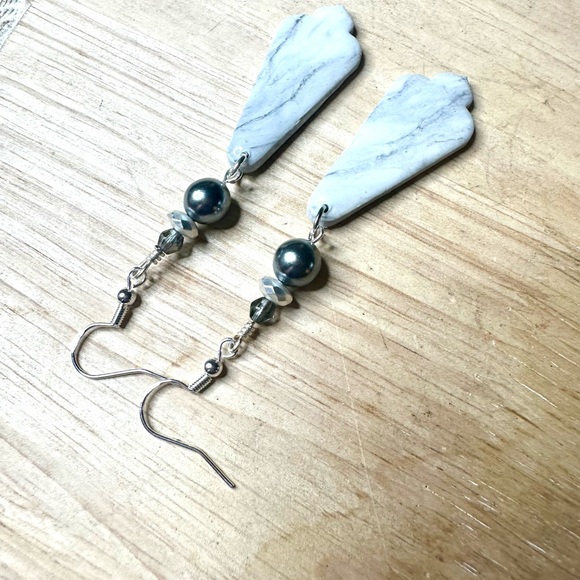 Handmade White Polymer Clay Earrings with Silver Accents - Picture 4 of 6